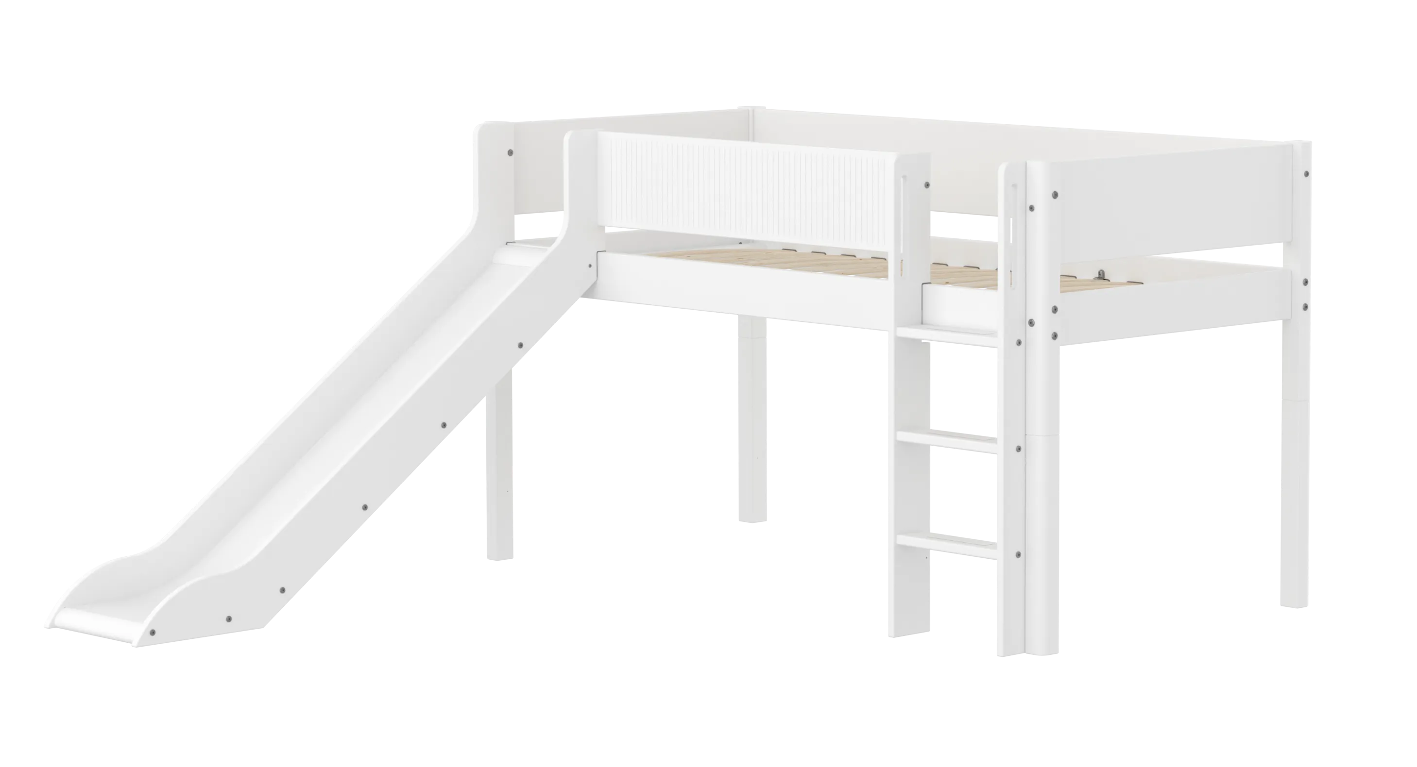 Mid-High Bed with Slide, Ladder and Safety Rail, 90x200 cm, White