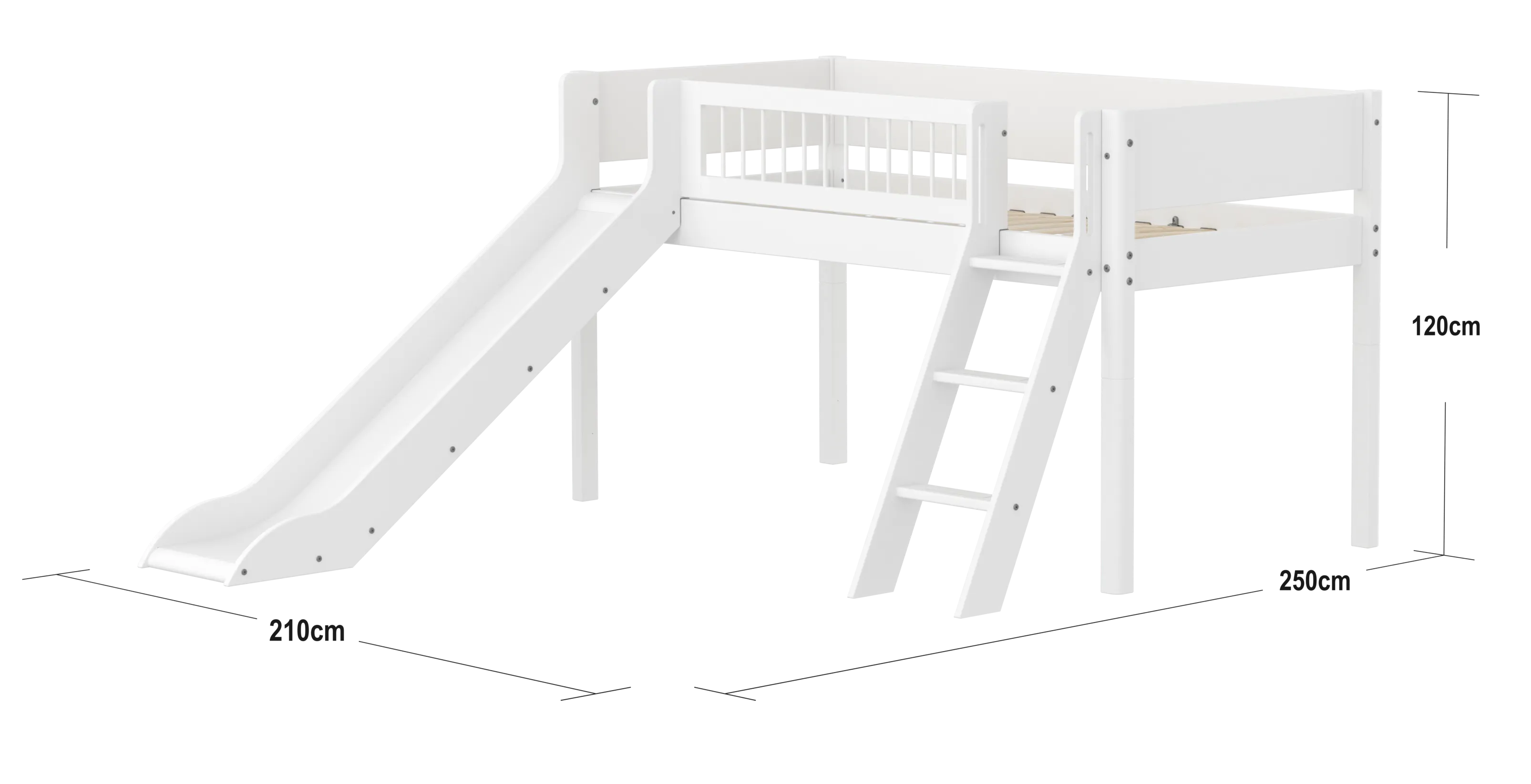 Mid-High Bed with Slide, Ladder and Safety Rail, 90x200 cm, White