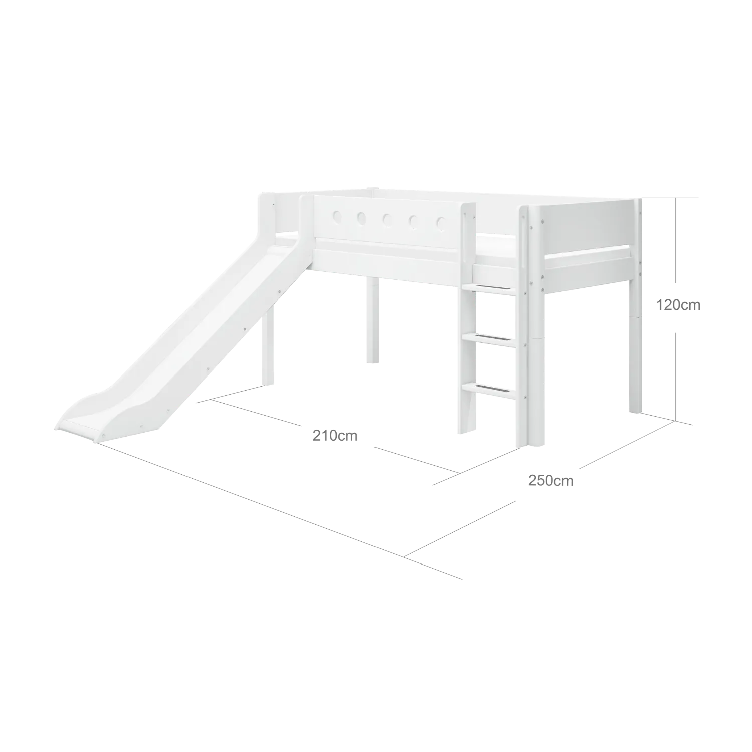 Mid-High Bed with Slide, Ladder and Safety Rail, 90x200 cm, White