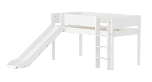Mid-High Bed with Slide, Ladder and Safety Rail, 90x200 cm, White