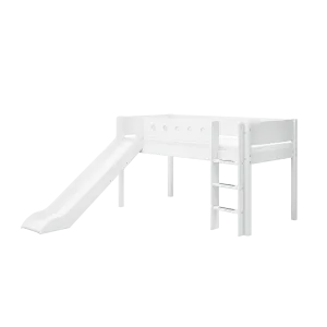 Mid-High Bed with Slide, Ladder and Safety Rail, 90x200 cm, White