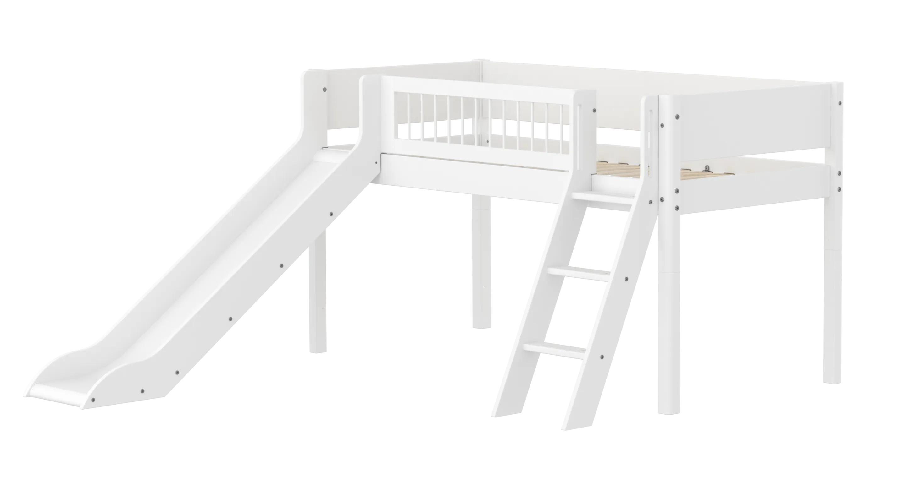 Mid-High Bed with Slide, Ladder and Safety Rail, 90x200 cm, White