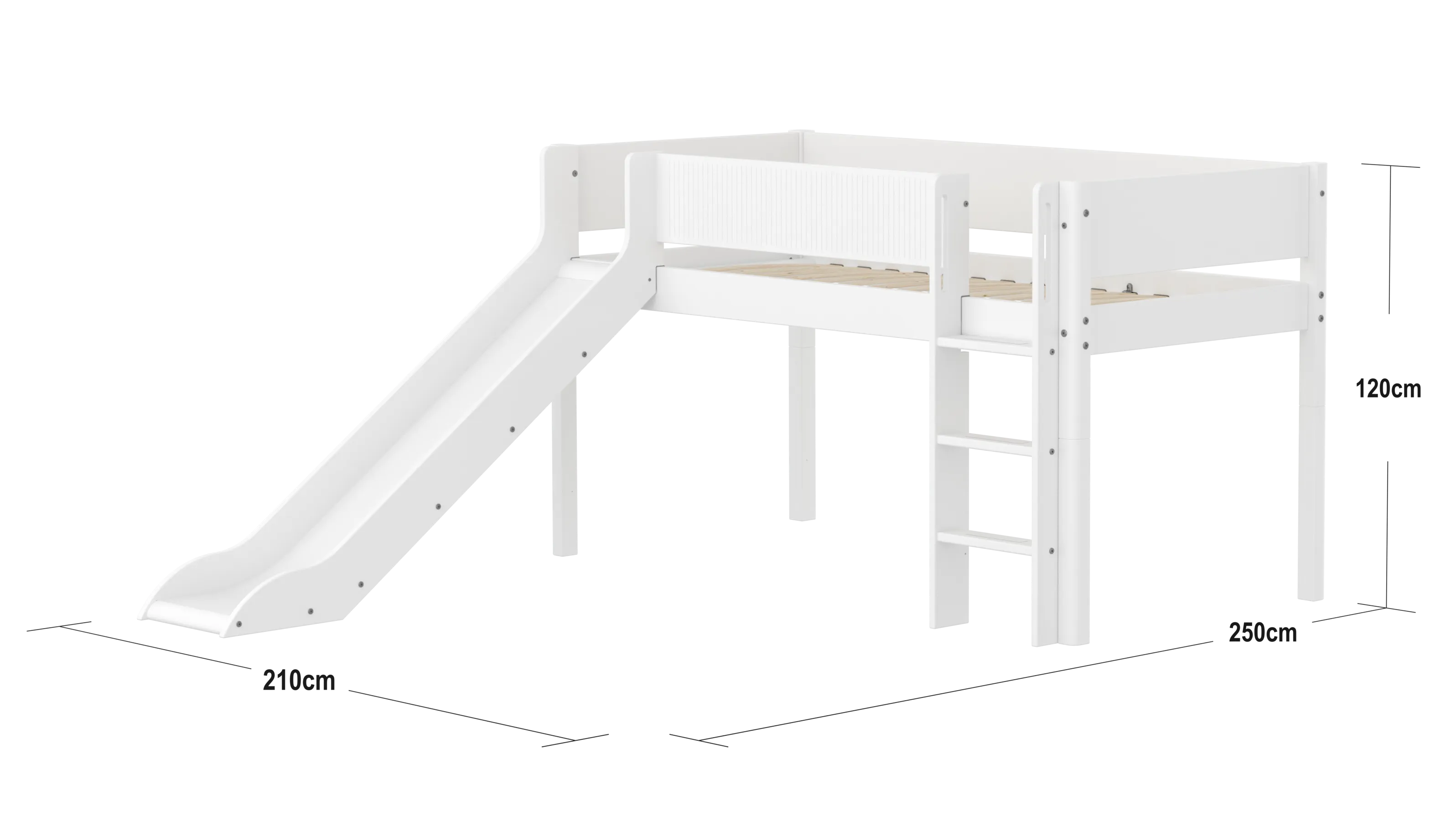 Mid-High Bed with Slide, Ladder and Safety Rail, 90x200 cm, White