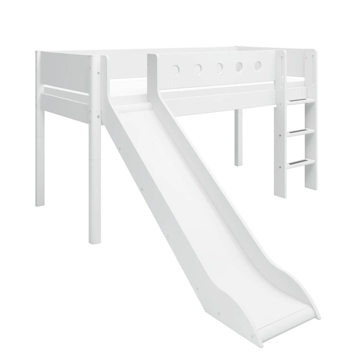 Mid-High Bed with Slide, Ladder and Safety Rail, 90x200 cm, White
