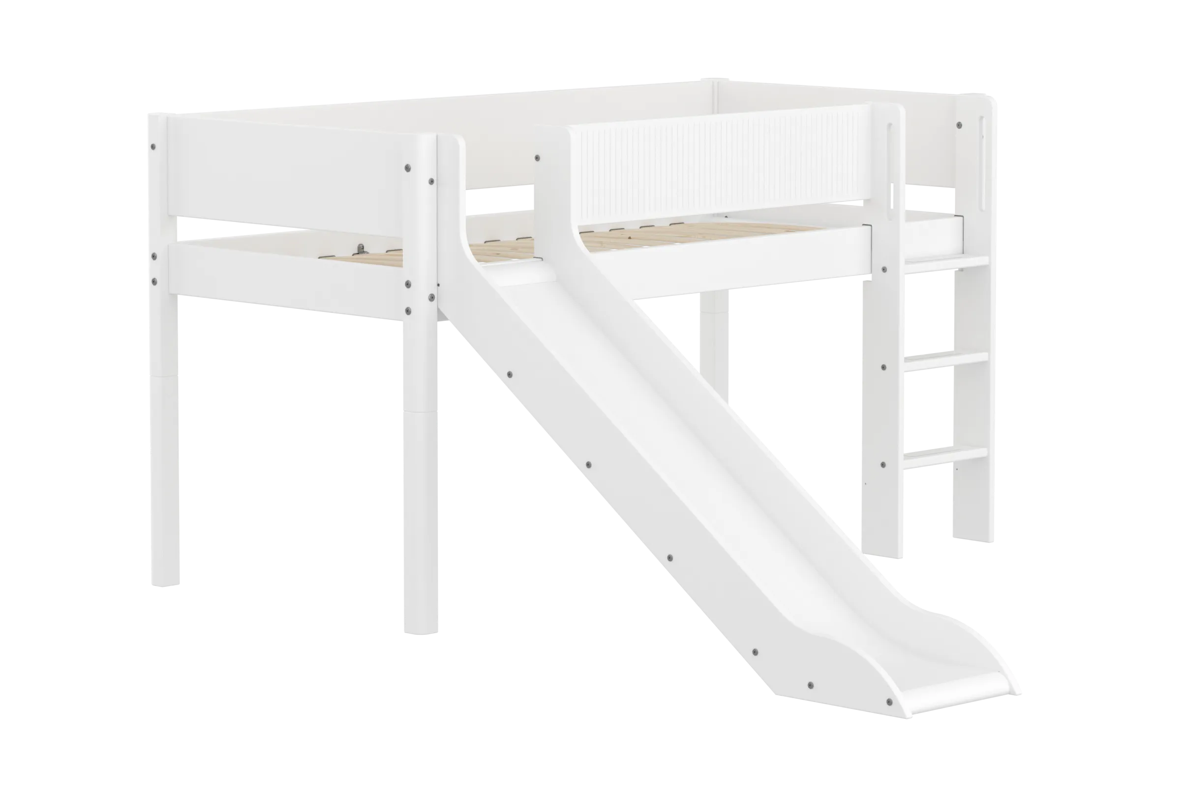 Mid-High Bed with Slide, Ladder and Safety Rail, 90x200 cm, White