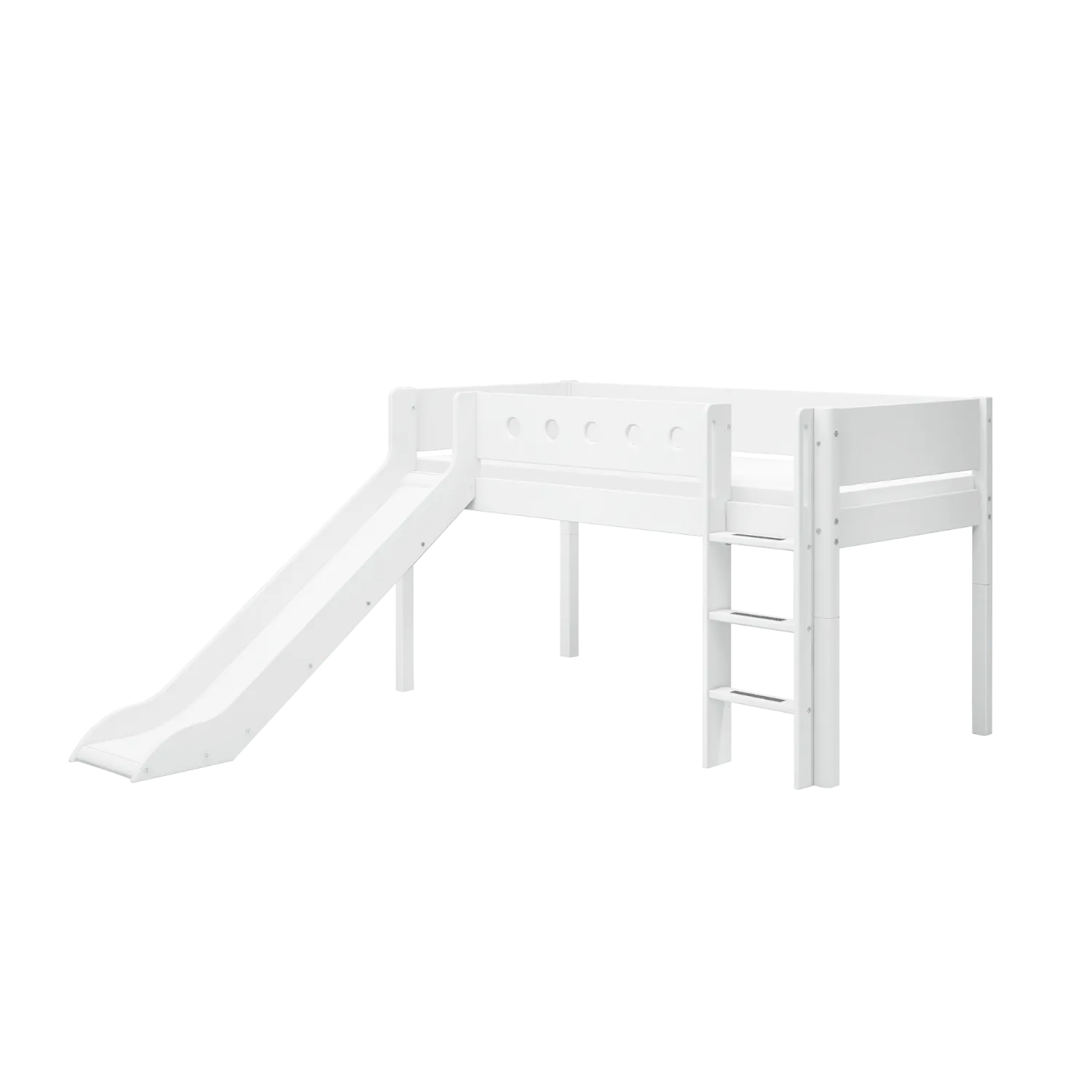 Mid-High Bed with Slide, Ladder and Safety Rail, 90x200 cm, White