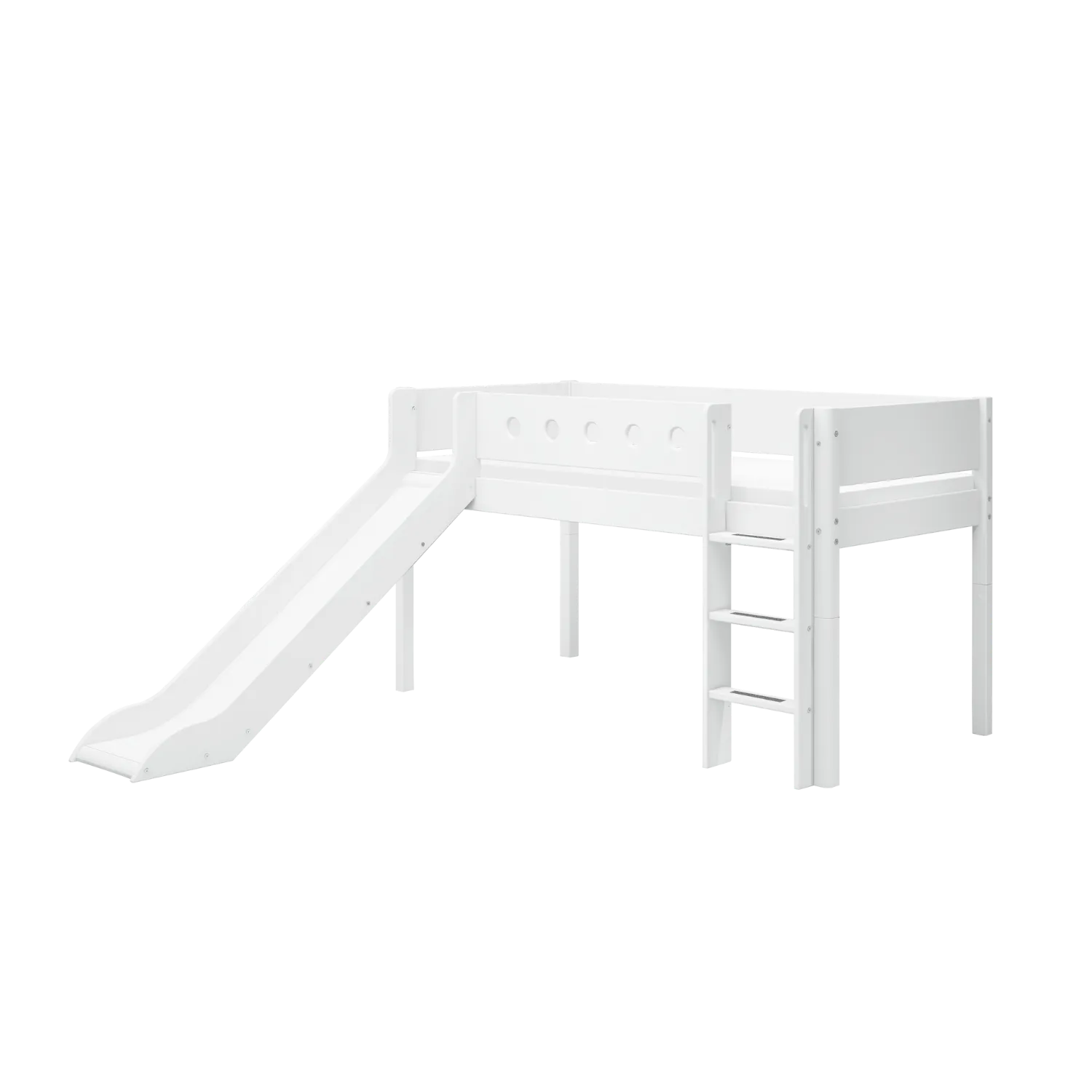 Mid-High Bed with Slide, Ladder and Safety Rail, 90x200 cm, White