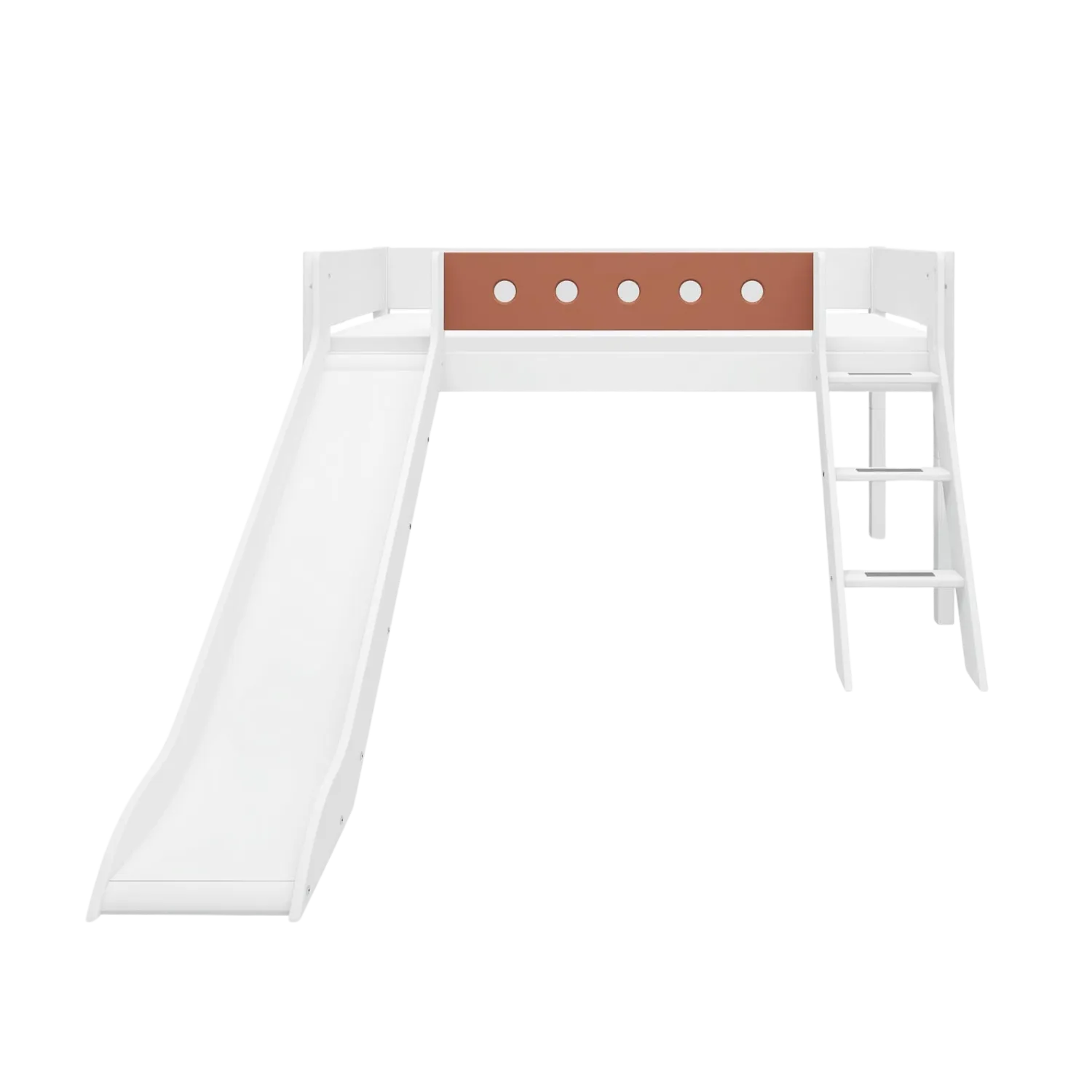 Mid-High Bed with Slide, Ladder and Safety Rail, 90x200 cm, White