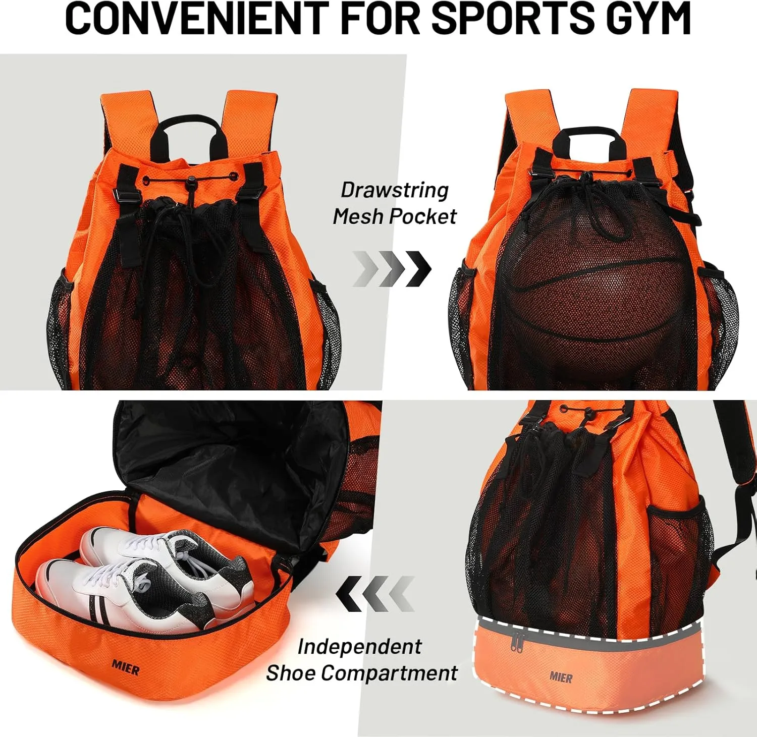 MIER Drawstring Basketball Backpack Soccer Bag with Shoe Compartment & Mesh Pocket Sports Gym String Backpack for Women Men, Lightweight