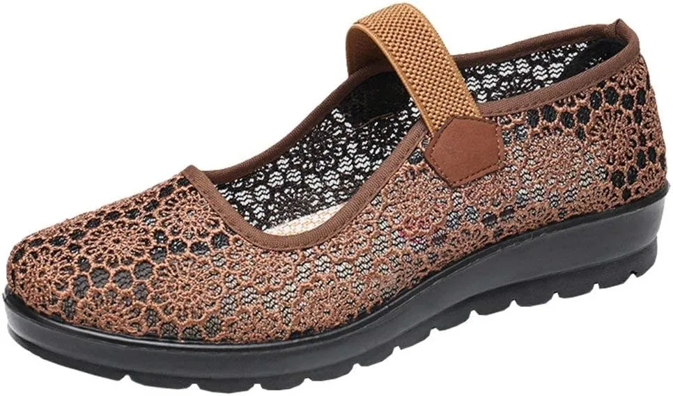missfiona Womens Hollow Out Granny Walk Shoes Breathable Soft-Soled Mary Jane Flats Dance Shoes