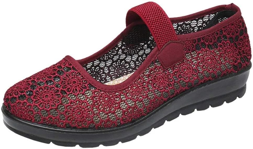 missfiona Womens Hollow Out Granny Walk Shoes Breathable Soft-Soled Mary Jane Flats Dance Shoes