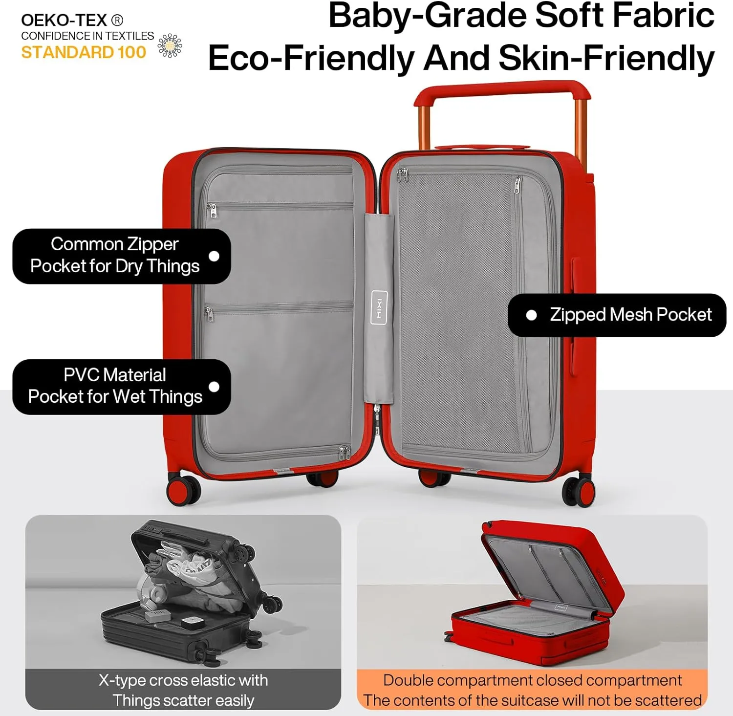 mixi Carry On Luggage Airline Approved 20'' Lightweight Luggage Wide Handle PC Hardshell Suitcases with Spinner Wheels & TSA Lock, Red