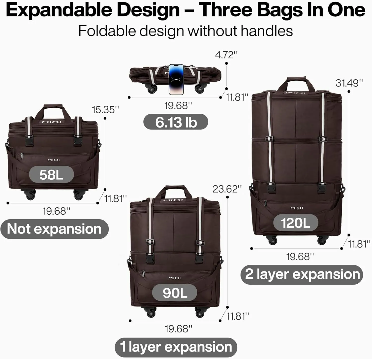 mixi Travel Bag with Wheels Expandable Foldable Luggage Bag Collapsible Rolling Travel Bag Duffel Bag Large Capacity Suitcase for Men Women, Brown