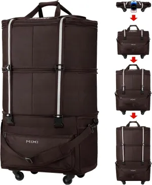 mixi Travel Bag with Wheels Expandable Foldable Luggage Bag Collapsible Rolling Travel Bag Duffel Bag Large Capacity Suitcase for Men Women, Brown