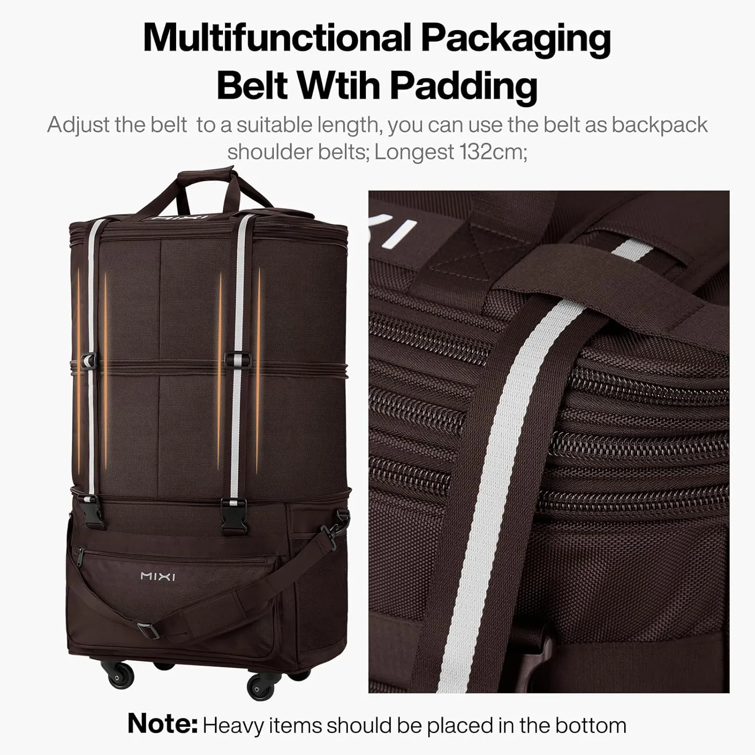 mixi Travel Bag with Wheels Expandable Foldable Luggage Bag Collapsible Rolling Travel Bag Duffel Bag Large Capacity Suitcase for Men Women, Brown