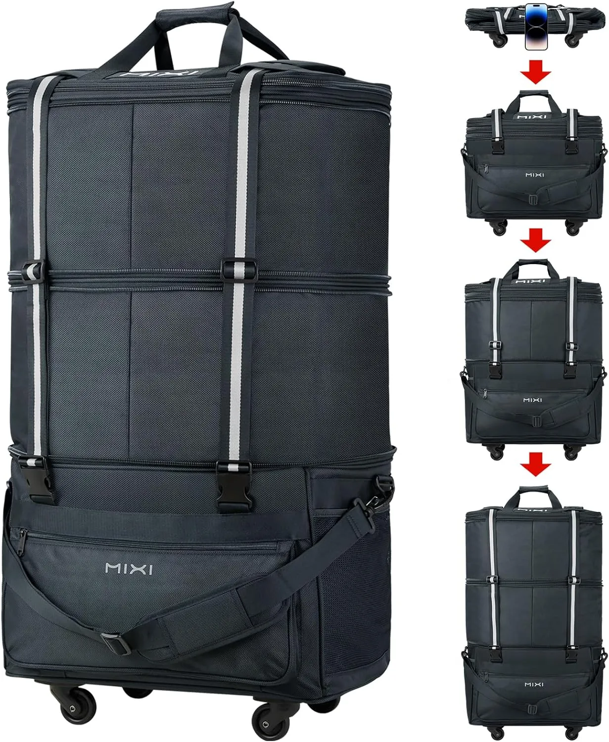 mixi Travel Bag with Wheels Expandable Foldable Luggage Bag Collapsible Rolling Travel Bag Duffel Bag Large Capacity Suitcase for Men Women, Dark Gray