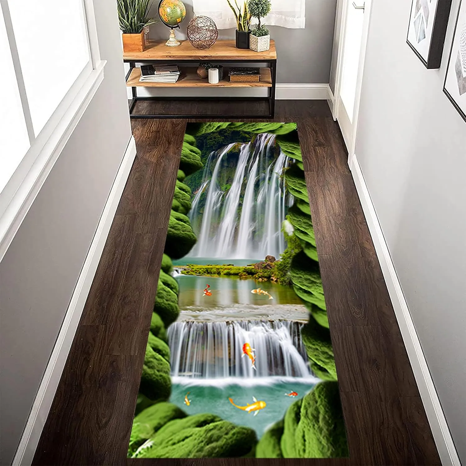 Modern 3D Design Runner Rug, 2.6x10ft, Rock Waterfall Stream Koi Green Plant Print Long Hallway Carpet, Illusion Rugs Anti-Slip Washable Floor Mats for Living Room Bathroom Decor
