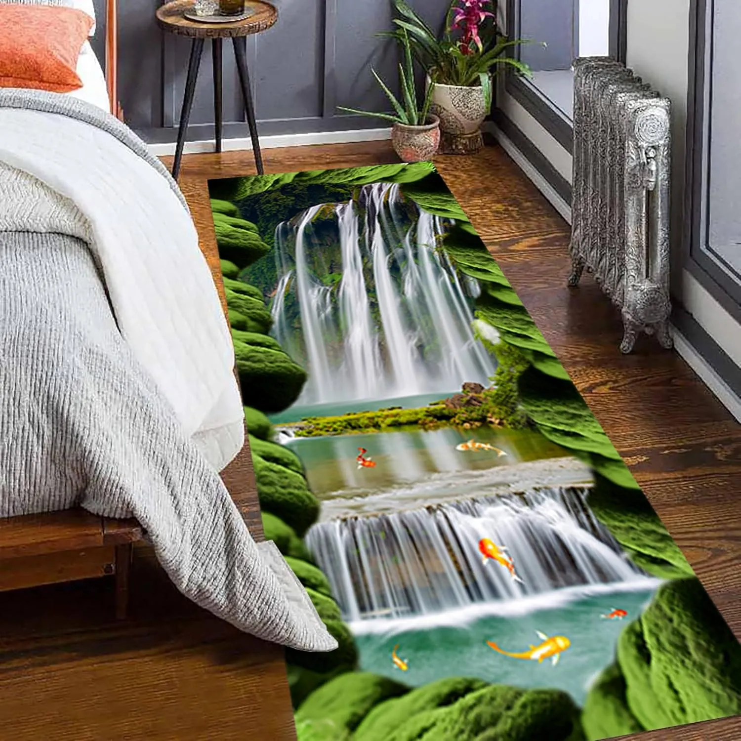 Modern 3D Design Runner Rug, 2.6x10ft, Rock Waterfall Stream Koi Green Plant Print Long Hallway Carpet, Illusion Rugs Anti-Slip Washable Floor Mats for Living Room Bathroom Decor