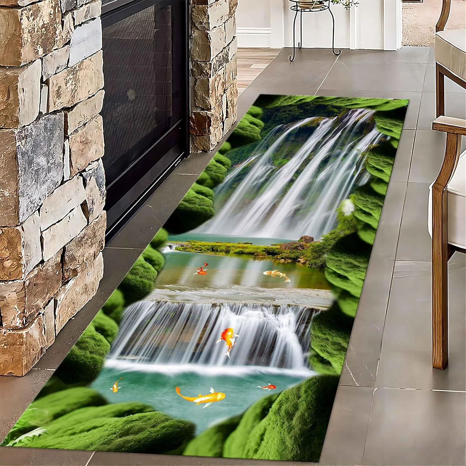 Modern 3D Design Runner Rug, 2.6x10ft, Rock Waterfall Stream Koi Green Plant Print Long Hallway Carpet, Illusion Rugs Anti-Slip Washable Floor Mats for Living Room Bathroom Decor