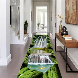 Modern 3D Design Runner Rug, 2.6x10ft, Rock Waterfall Stream Koi Green Plant Print Long Hallway Carpet, Illusion Rugs Anti-Slip Washable Floor Mats for Living Room Bathroom Decor