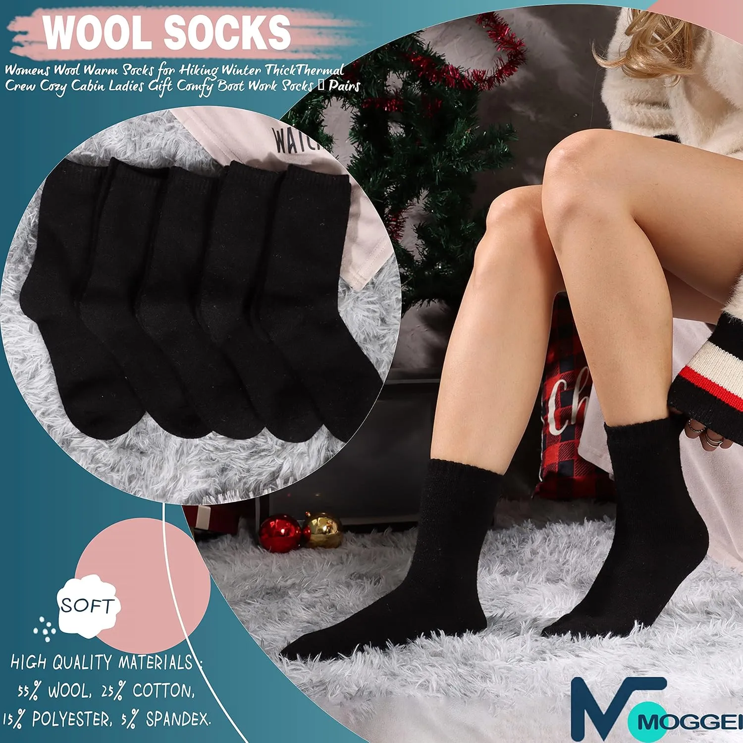MOGGEI 5 Pairs Womens Merino Wool Socks Hiking Warm Winter Thick Thermal Crew Cozy Cabin Ladies Gift Comfy Boot Work Socks