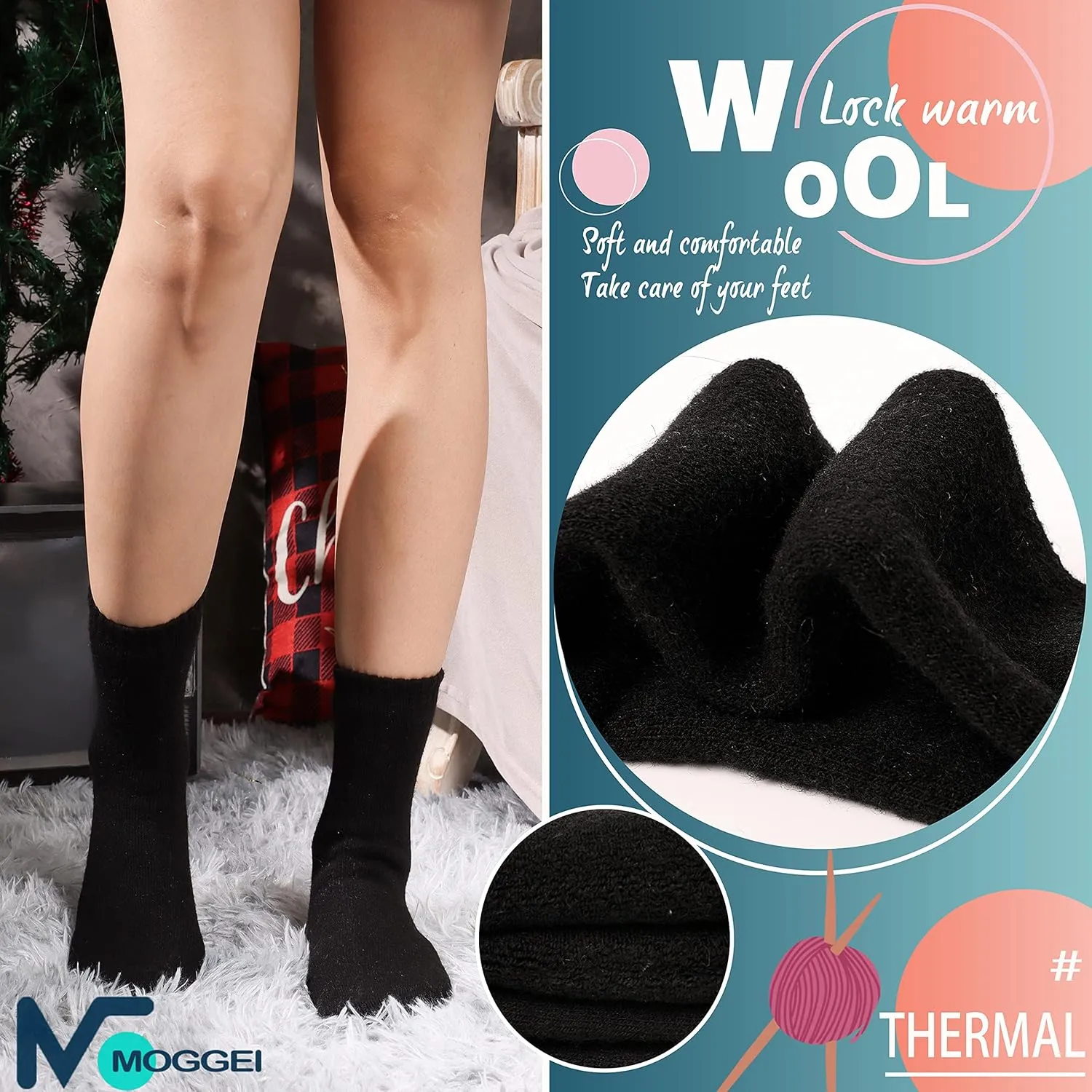 MOGGEI 5 Pairs Womens Merino Wool Socks Hiking Warm Winter Thick Thermal Crew Cozy Cabin Ladies Gift Comfy Boot Work Socks