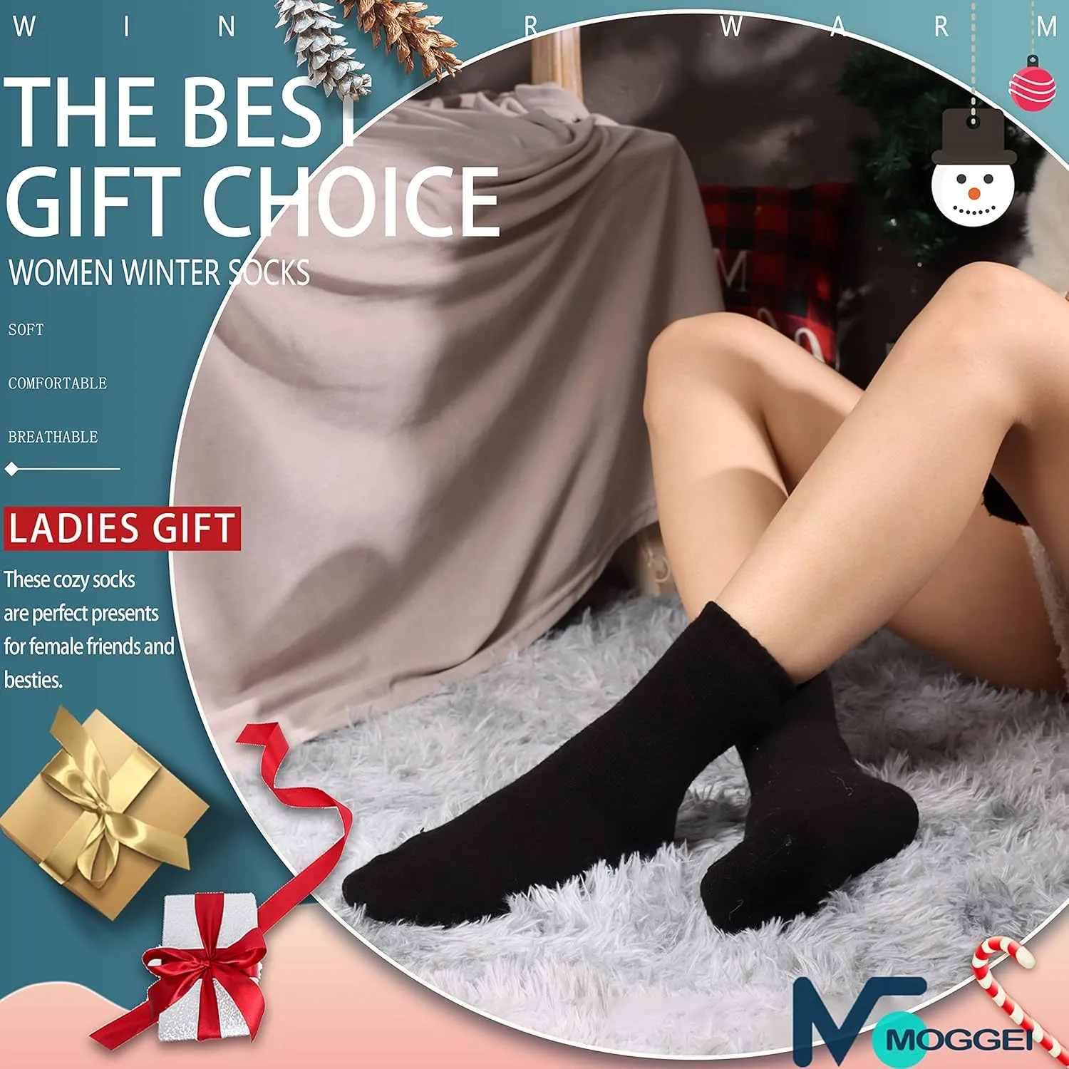 MOGGEI 5 Pairs Womens Merino Wool Socks Hiking Warm Winter Thick Thermal Crew Cozy Cabin Ladies Gift Comfy Boot Work Socks