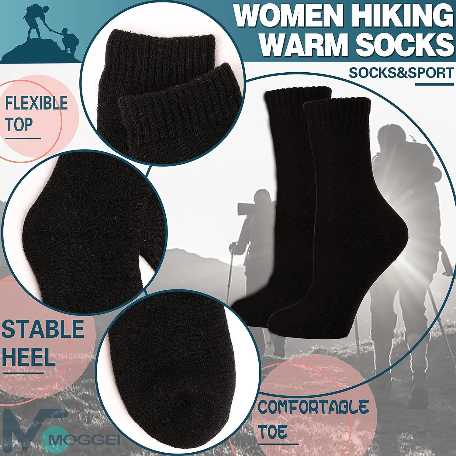 MOGGEI 5 Pairs Womens Merino Wool Socks Hiking Warm Winter Thick Thermal Crew Cozy Cabin Ladies Gift Comfy Boot Work Socks