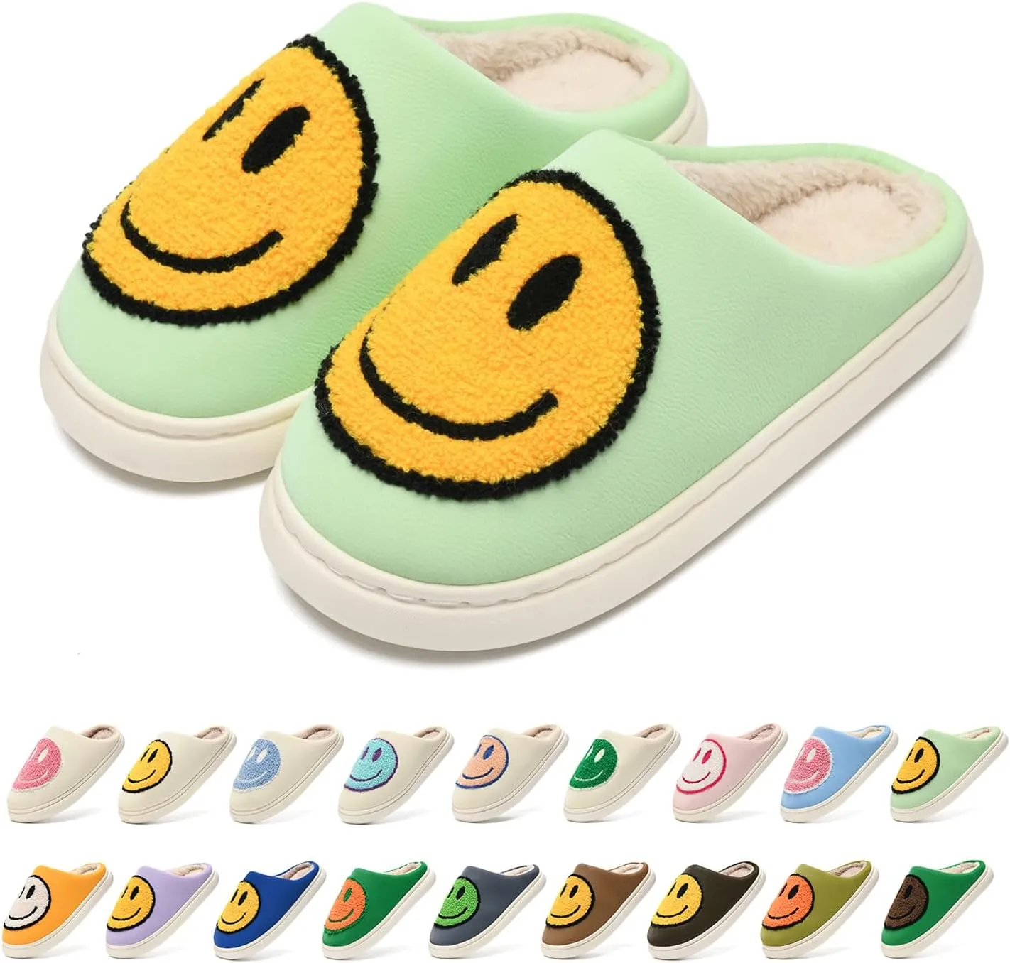MOLATIN Cute smiling face Slippers for Women and Men，Women's Men's Retro Preppy Happy Face Slippers,Plush Slip-On Warm House Slipper for Winter,Non-slip PU Flat Slides