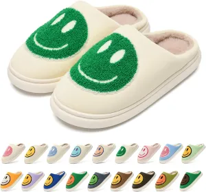 MOLATIN Cute smiling face Slippers for Women and Men，Women's Men's Retro Preppy Happy Face Slippers,Plush Slip-On Warm House Slipper for Winter,Non-slip PU Flat Slides