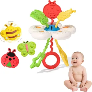 Montessori Toys Set for Babies 0-18 Months, 2-in-1 Silicone Pull String & 3 Insect Shapes Spinner Sensory Toy, Teething & Fine Motor Skills Development, Baby Gift for Boys & Girls