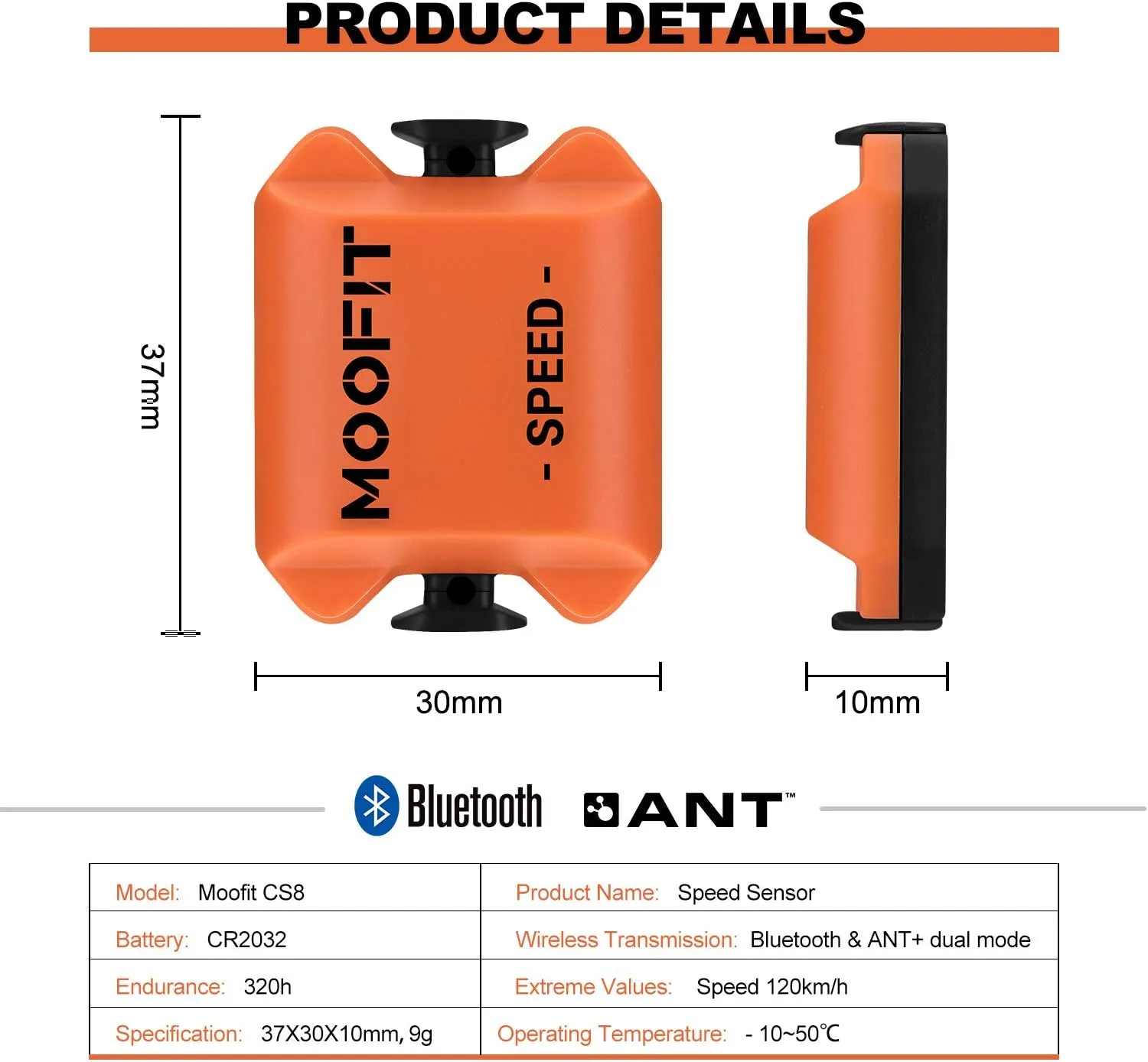 moofit Cadence Speed Sensor, Bluetooth & ANT  Wireless RPM Cycling Spin Bike Cadence Sensor for Wahoo/Coosporide/Rouvy/Peloton, IP67 Waterproof, Orange