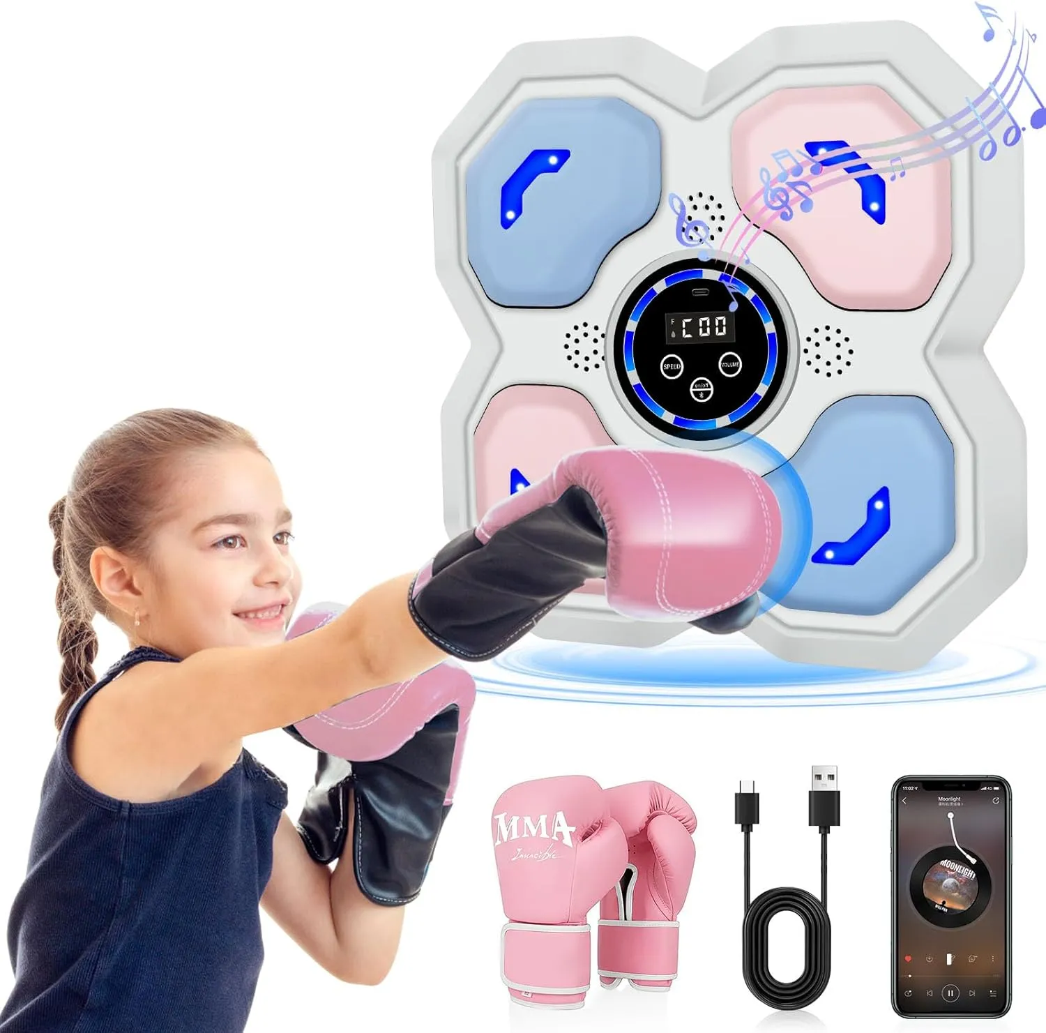 Music Boxing Machine for Kids and Teens Adults, Trainer Equipment with Gloves, Wall-Mounted Boxing Music Workout Machine, LED Electronic Focus Training for Home,Office, Gym