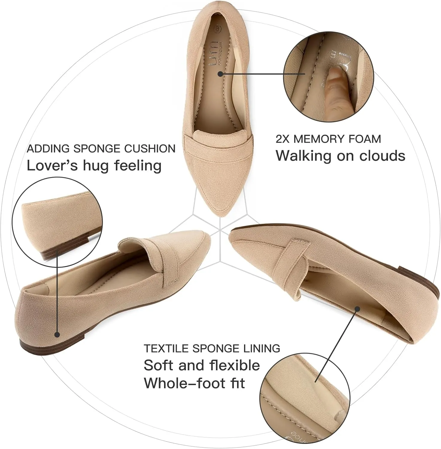 MUSSHOE Flats for Women Comfortable Pointed Toe Slip on Dressy Loafers for Women
