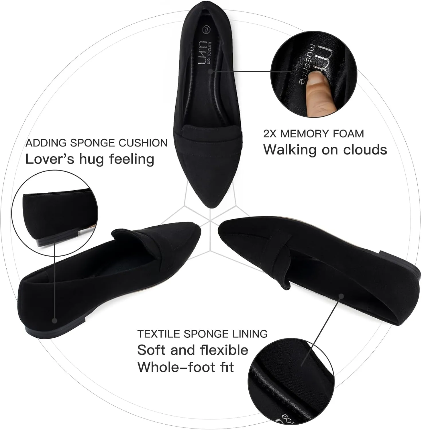 MUSSHOE Flats for Women Comfortable Pointed Toe Slip on Dressy Loafers for Women
