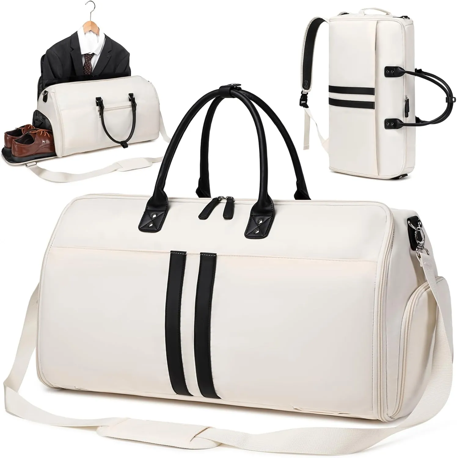 Myhozee Convertible Garment Bags for Travel Backpack Carry On Suit Duffel Bag for Hanging Clothes 3 in 1 Large Weekender Bag Business Flight Bag Suitcase with Shoe Compartment for Women Men Cream