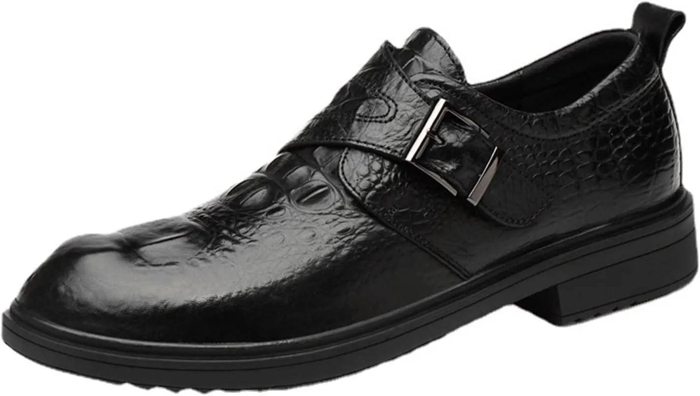 New Dress Formal Shoes for Men Slip On Crocodile Embossed Monk Strap Vegan Leather Rubber Sole Anti-Slip Block Heel Low Top Walking