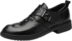 New Dress Formal Shoes for Men Slip On Crocodile Embossed Monk Strap Vegan Leather Rubber Sole Anti-Slip Block Heel Low Top Walking