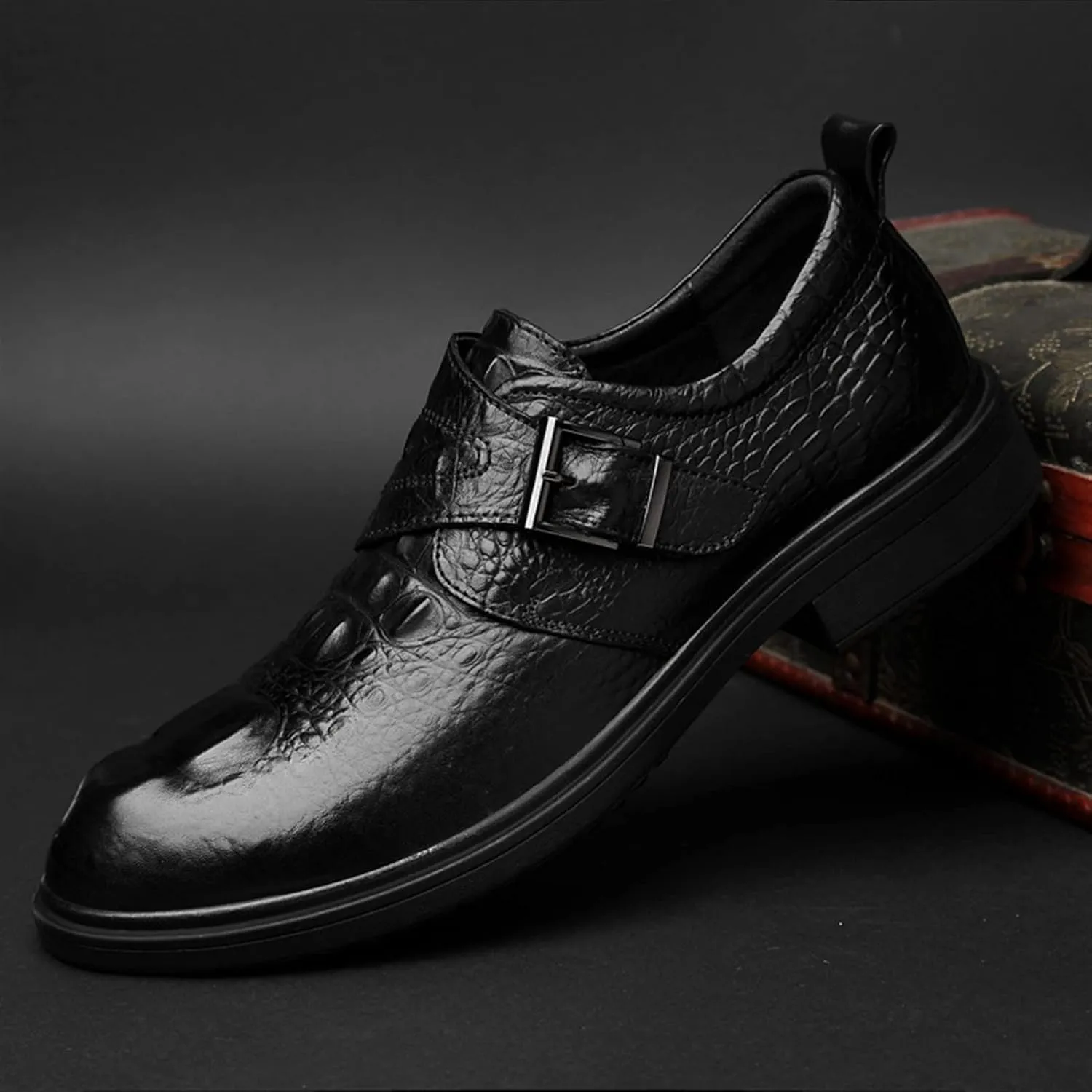 New Dress Formal Shoes for Men Slip On Crocodile Embossed Monk Strap Vegan Leather Rubber Sole Anti-Slip Block Heel Low Top Walking