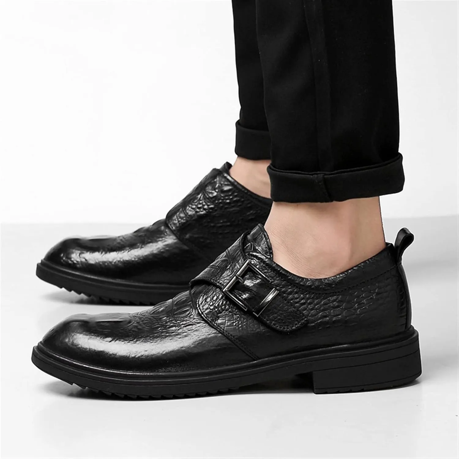 New Dress Formal Shoes for Men Slip On Crocodile Embossed Monk Strap Vegan Leather Rubber Sole Anti-Slip Block Heel Low Top Walking