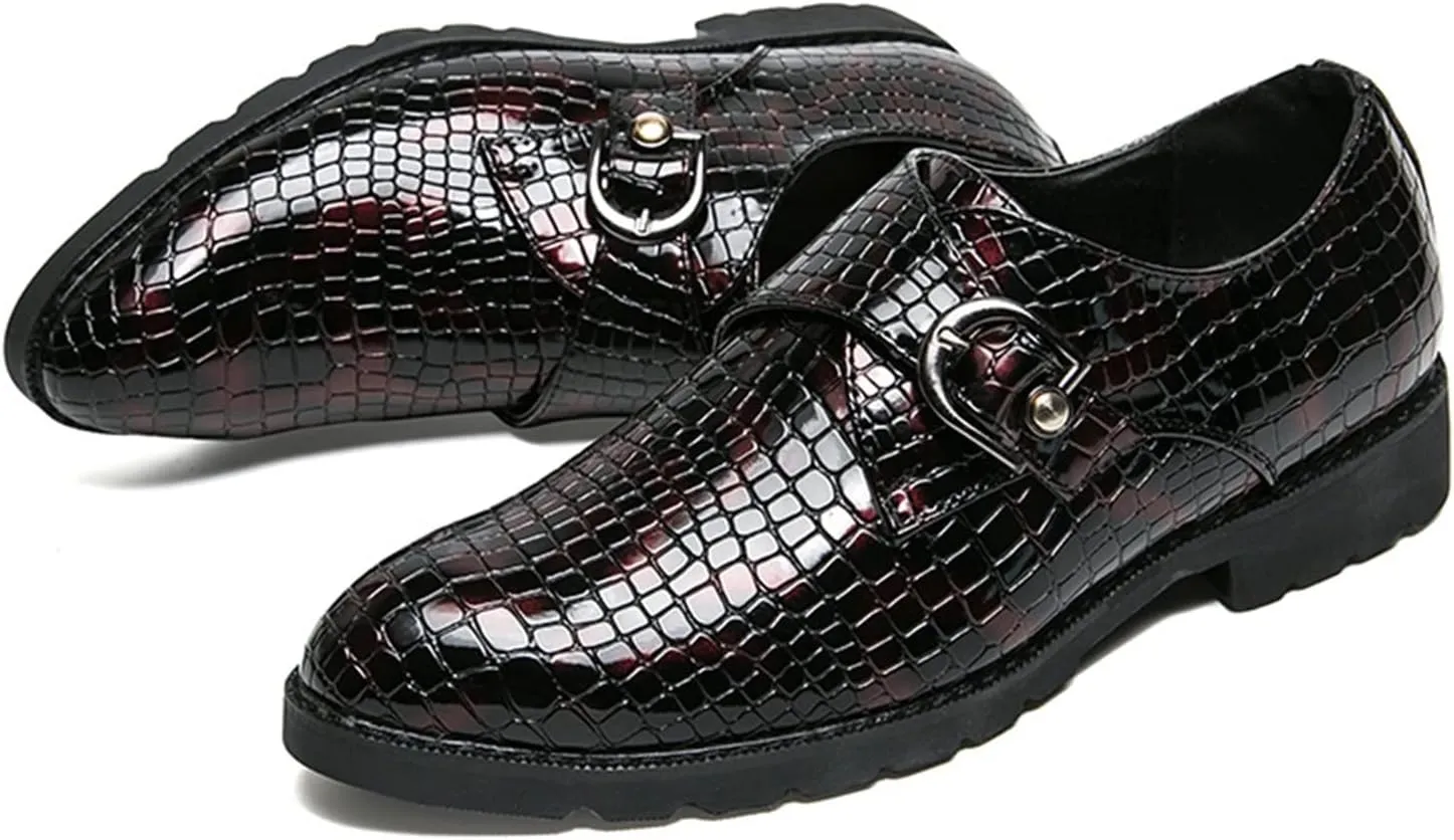 New Dress Oxford Shoes for Men Slip On Crocodile Embossed Monk Strap PU Leather Non Slip Resistant Anti-Slip Casual