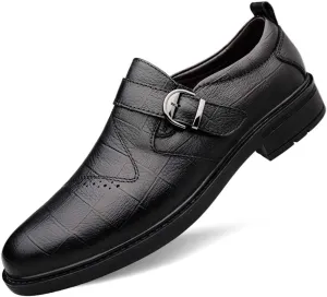 New Dress Shoes for Men Slip On Round Toe Monk Strap Cowhide Anti-Slip Block Heel Non Slip Working