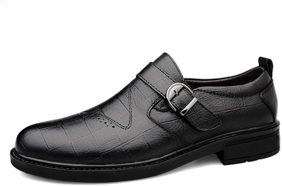 New Dress Shoes for Men Slip On Round Toe Monk Strap Cowhide Anti-Slip Block Heel Non Slip Working