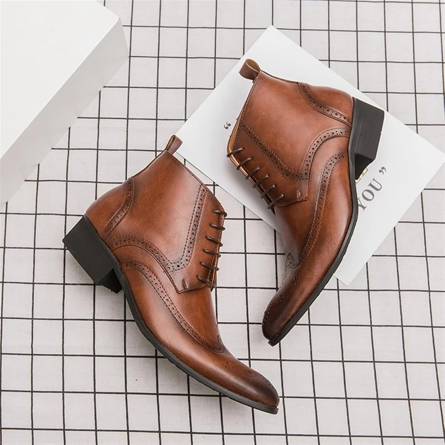 New Men's Ankle Boots Anti-slip Block Heel Slip Resistant Snip Toe Burnished Toe Carved Brogue Win Tip PU Formal Work Stylish