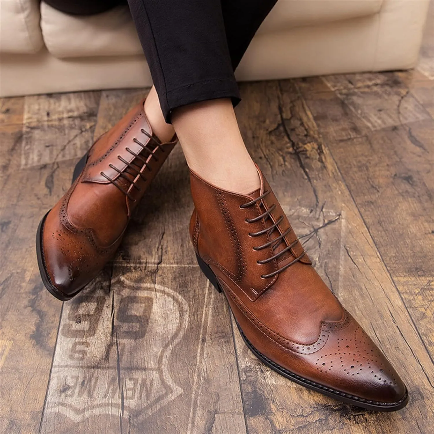 New Men's Ankle Boots Anti-slip Block Heel Slip Resistant Snip Toe Burnished Toe Carved Brogue Win Tip PU Formal Work Stylish