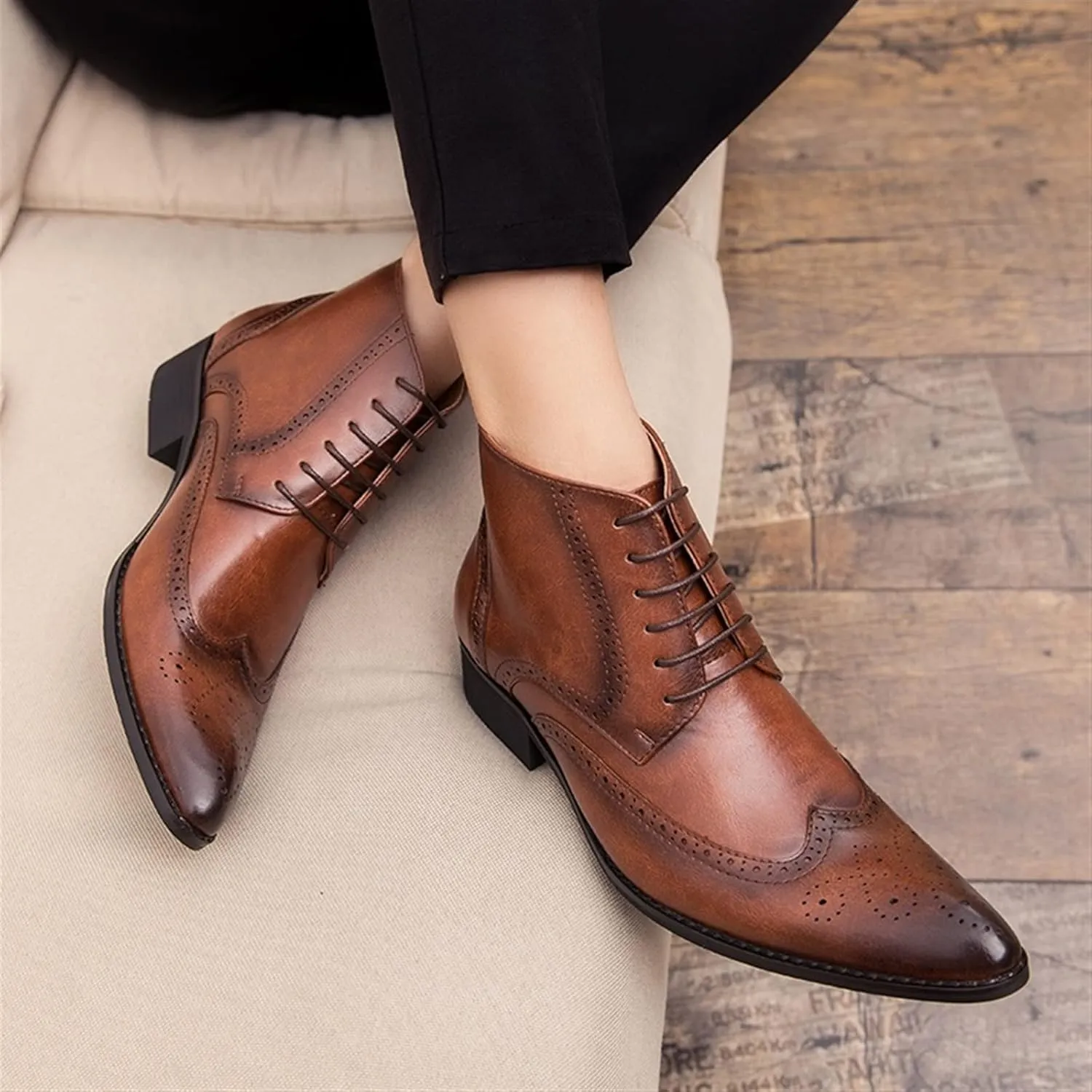 New Men's Ankle Boots Anti-slip Block Heel Slip Resistant Snip Toe Burnished Toe Carved Brogue Win Tip PU Formal Work Stylish