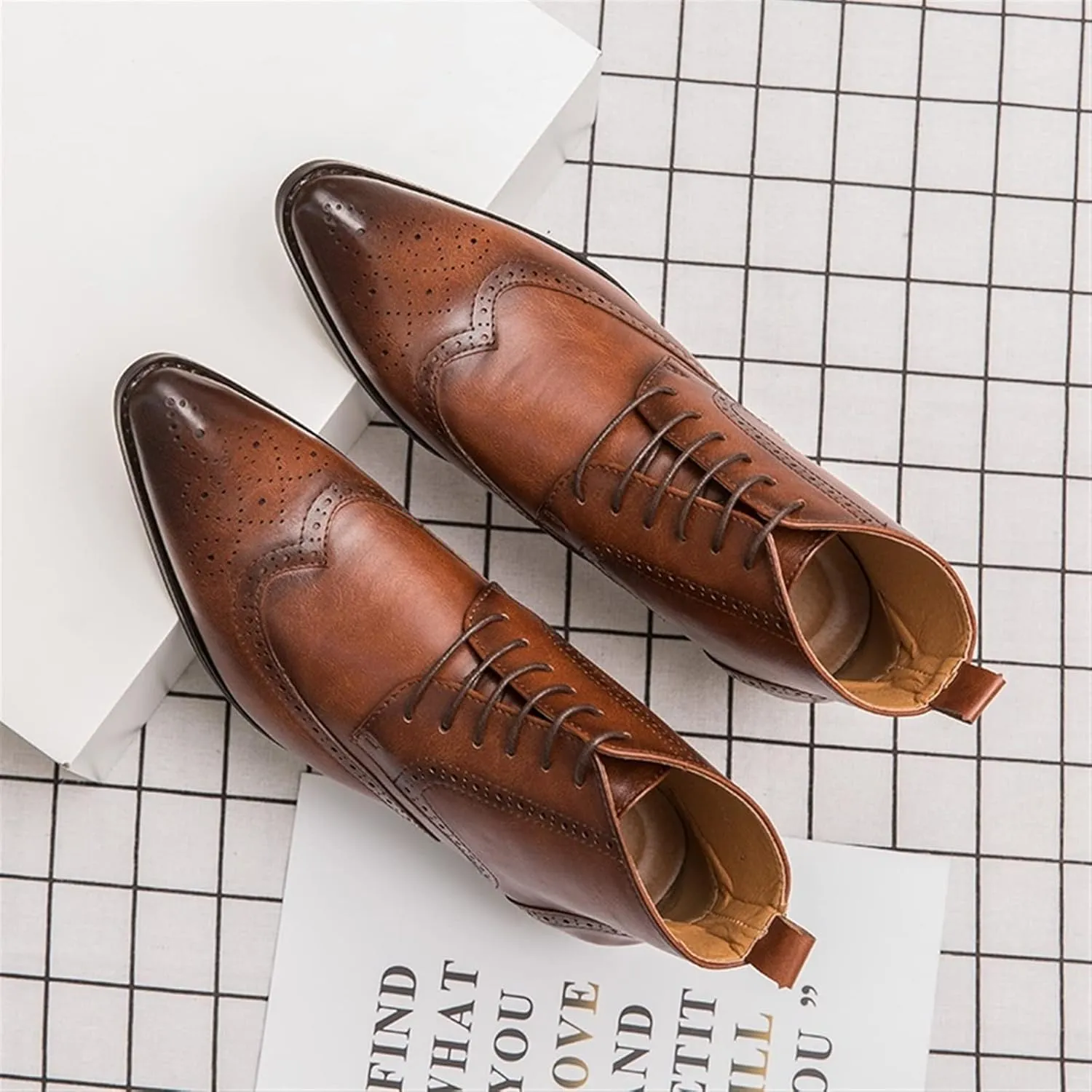 New Men's Ankle Boots Anti-slip Block Heel Slip Resistant Snip Toe Burnished Toe Carved Brogue Win Tip PU Formal Work Stylish