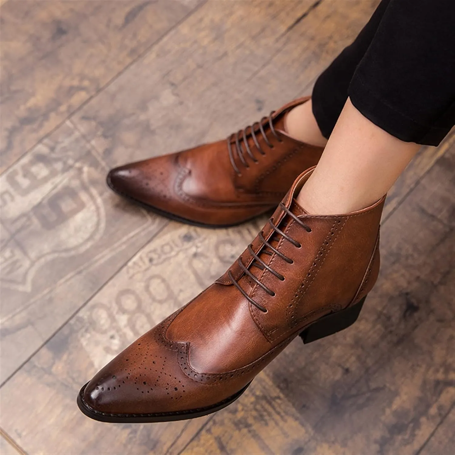 New Men's Ankle Boots Anti-slip Block Heel Slip Resistant Snip Toe Burnished Toe Carved Brogue Win Tip PU Formal Work Stylish
