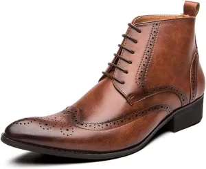 New Men's Ankle Boots Anti-slip Block Heel Slip Resistant Snip Toe Burnished Toe Carved Brogue Win Tip PU Formal Work Stylish