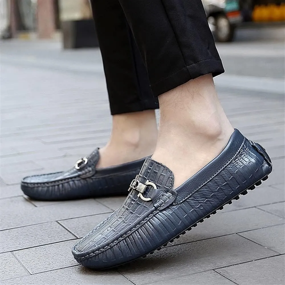 New Men's Loafers Shoes Round Toe Faux Crocodile Print Leather Flat Heel Comfortable Anti-Slip Prom Slip-on